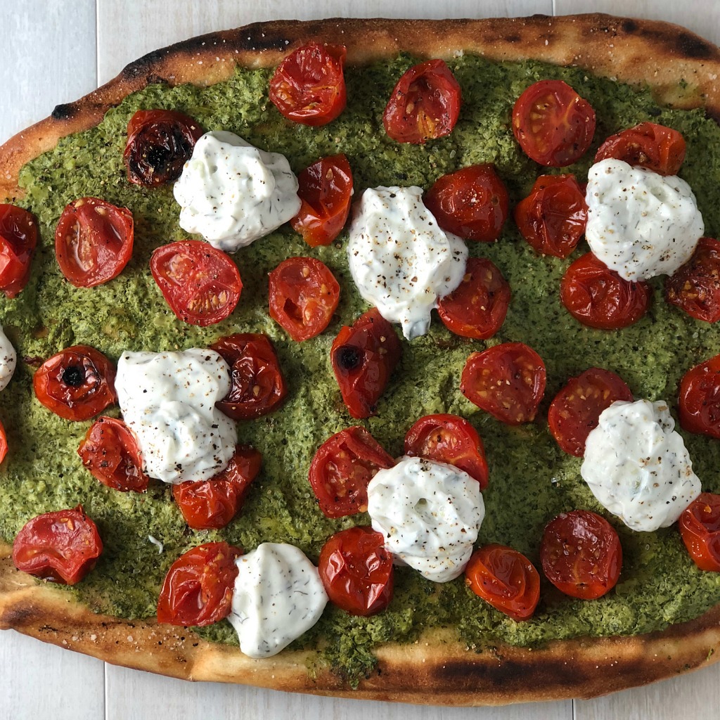 Bursting Tomato Flatbread with Spinach and Burrata