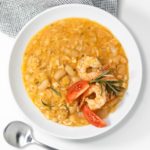 Ellen of Off-Script Recipes shares her Original Recipe for Tuscan White Bean & Rice Soup with Seared Shrimp