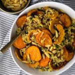 Ellen of Off-Script Recipes shares her Original Recipe for Curried Wild Rice with Roasted Squash & Sweet Potatoes