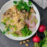 Ellen of Off-Script Recipes shares her Original Recipe for Wild Mushroom Baked Basmati Topped Pho-Style