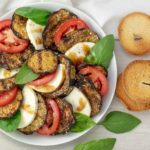Ellen of Off-Script Recipes shares her Original Recipe for Quinoa-Crusted Eggplant Caprese