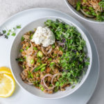 Ellen of Off-Script Recipes shares her Original Recipe for Shaved Asparagus & Sausage Farro Bowls